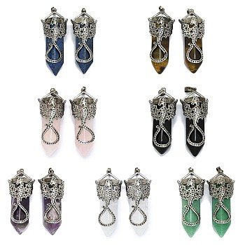 Natural Gemstone Faceted Pointed Bullet Big Pendants, Rack Plating Antique Silver Plated Alloy Dragon Charms, Cadmium Free & Lead Free, 55~58.5x22.5~23x18.5mm, Hole: 4.8x7.8mm