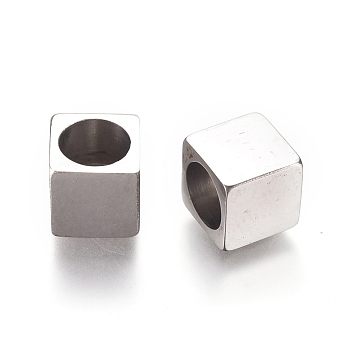 304 Stainless Steel Beads, Cube, Stainless Steel Color, 8x8x8.8mm, Hole: 6mm and 1.2mm