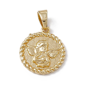 Rack Plating Brass Pendants, Long-Lasting Plated, Lead Free & Cadmium Free, Flat Round with Cupid Pattern, Real 18K Gold Plated, 20x17x3.2mm, Hole: 6x3.5mm