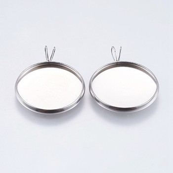 304 Stainless Steel Pendant Cabochon Settings, Plain Edge Bezel Cups, Flat Round, Stainless Steel Color, Tray: 20mm, 27x22x2mm, Hole: 2x3mm