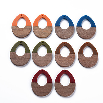 Opaque Resin & Walnut Wood Pendants, Two Tone, Teardrop, Mixed Color, 37x28.5x3mm, Hole: 2mm