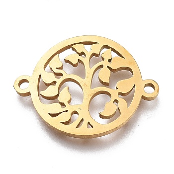 304 Stainless Steel Hollow Links Connectors, Laser Cut, Flat Round with Tree, Golden, 15.5x20.5x1mm, Hole: 1.5mm