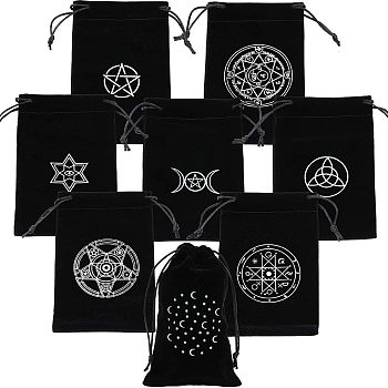 8Pcs 8 Styles Rectangle Black Velvet Craft Drawstring Bags, Tarot Cards Storage Pouches, for Playing Cards, Jewelry Storage, Star & Eye & Pentagon & Moon Phase, Mixed Patterns, 18x11.5x0.2cm, 1pc/style