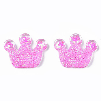 Transparent Resin Cabochons, with Paillette, Crown, Hot Pink, 20x24.5x8mm