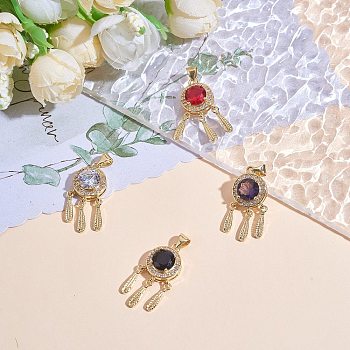 6Pcs 6 Colors Brass Micro Pave Clear Cubic Zirconia Pendants, with Glass, Nickel Free, Real 18K Gold Plated, Woven Net/Web with Feather, Mixed Color, 28x12x6mm, Hole: 3x5mm, 1pc/color