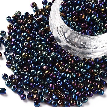 8/0 Glass Seed Beads, Metallic Colours, Round, Round Hole, Prussian Blue, 8/0, 3mm, Hole: 1mm, about 1111pcs/50g, 50g/bag, 18bags/2pounds