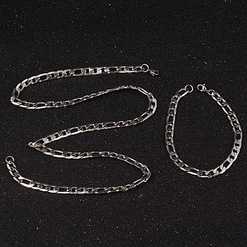 304 Stainless Steel Figaro Chains Necklaces and Bracelets Jewelry Sets, with Lobster Claw Clasps, Faceted, Stainless Steel Color, 23.42 inch(595mm), 215mm(8-1/2 inch), 6.8mm