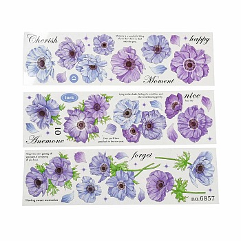 3Pcs 3 Styles Flower PET Waterproof Stickers Sets, Adhesive Decals for DIY Scrapbooking, Photo Album Decoration, Medium Purple, 210x60x0.1mm, 3pcs/set