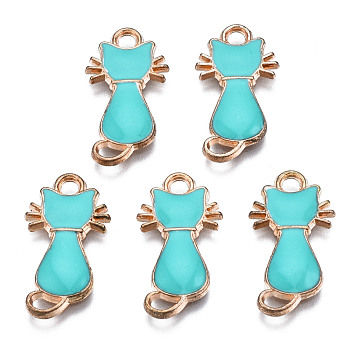 Alloy Enamel Pendants, Cat Shape, Light Gold, Dark Turquoise, 22x12x2~3mm, Hole: 2mm