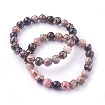 Natural Rhodonite Beads Stretch Bracelets, Round, 2 inch~2-1/8 inch(5.2~5.5cm), Beads: 8~9mm