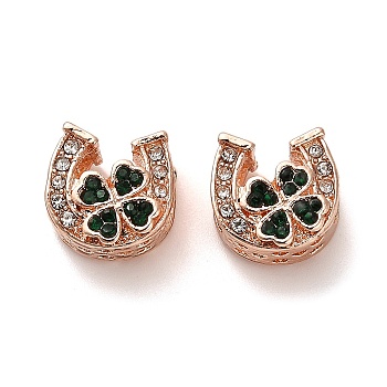 Alloy Rhinestone European Beads, Large Hole Beads, Horseshoe with Clover, Rose Gold, 11x11x8mm, Hole: 4.6mm