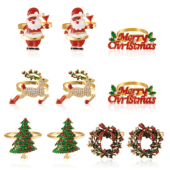 Mega Pet 10Pcs 5 Style Christmas Theme Alloy Enamel Napkin Rings, with Rhinestone, Christmas Tree & Reindeer & Wreath & Santa Claus & Word Merry Christmas, Mixed Color, 50x30~35mm, 2pcs/style