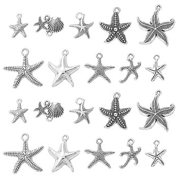 100Pcs 10 Styles Tibetan Style Alloy Pendants, Starfish Charms, Antique Silver, 16~25.5x12~24x2~3.5mm, Hole: 1~2mm, 10pcs/style