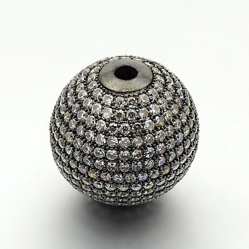 Brass Micro Pave Cubic Zirconia Round Beads, Cadmium Free & Lead Free, Clear, Gunmetal, 20mm, Hole: 3mm