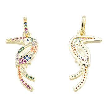 Brass Micro Pave Colorful Cubic Zirconia Pendants, Nickel Free, Bird, Real 18K Gold Plated, 26.5x13x2.5mm, Hole: 3x5mm