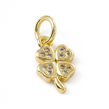 Brass Micro Pave Cubic Zirconia Charms, with Jump Ring, Clover Charm, Real 18K Gold Plated, 11x6.5x1.5mm, Hole: 3mm