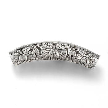Tibetan Style Alloy Tube Beads, Curved Tube Noodle Beads, Cadmium Free & Lead Free, Curved Tube with Flower, Antique Silver, 48x9x10mm, Hole: 6.5mm, about 100pcs/1000g