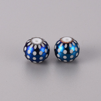 Electroplate Glass Beads, Round with Dots Pattern, Blue Plated, 10mm, Hole: 1.2mm