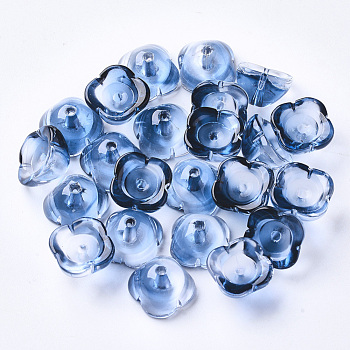 4-Petal Two Tone Transparent Spray Painted Glass Bead Caps, Flower, Marine Blue, 11.5x11.5x7mm, Hole: 1.6mm