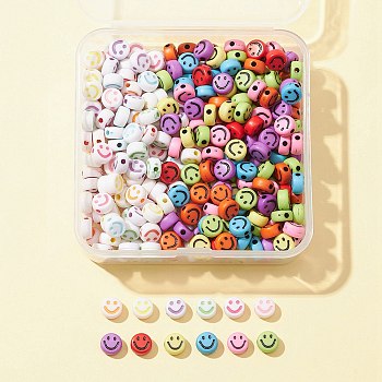 50G 2 Style Opaque Craft Acrylic Beads, Flat Round with Smiling Face, Mixed Color, 7x3.5mm, Hole: 1.5mm, 25g/style