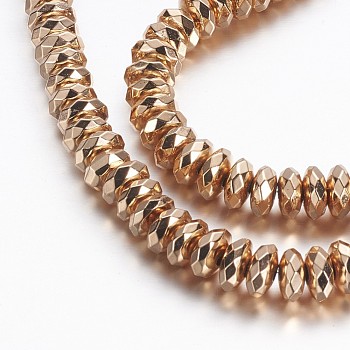 Electroplate Non-magnetic Synthetic Hematite Beads Strands, Faceted, Rondelle, Light Rose Gold Plated, 7x3.3mm, Hole: 1mm, about 121pcs/strand, 15.7 inch