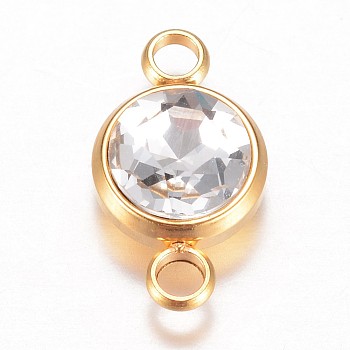 Glass Links connectors, Faceted, with 304 Stainless Steel Findings, Flat Round, Golden, Crystal, 17.5x10x6.5mm, Hole: 2.5mm