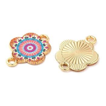 Printed Alloy Enamel Connector Charms, Flower Links, Light Gold, Salmon, 14x18x1.5mm, Hole: 1.5mm