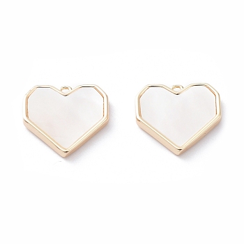 Rack Plating Brass Heart Charms, with Shell, Long-Lasting Plated, Real 18K Gold Plated, 13.5x14x2mm, Hole: 1mm