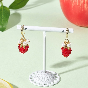 Handmade Lampwork Dangle Earrings, Raspberry, with Natural Cultured Freshwater Pearl, Golden, 34x12mm