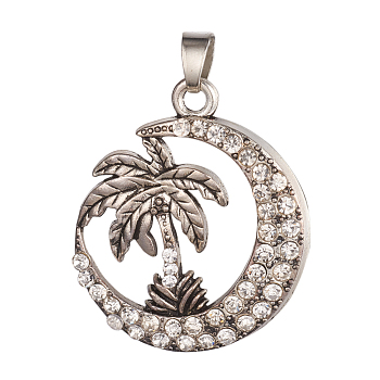 Tibetan Style Alloy Pendants, with Rhinestone, Flat Round with Coconut Tree, Crystal, Antique Silver, 36.2x31x4mm, Hole: 6x5mm