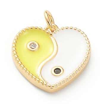 Brass Micro Pave Cubic Zirconia Pendants, with Enamel, Long-Lasting Plated, Real 18K Gold Plated, Heart with Yin Yang, Yellow, 15x15x2.5mm, Hole: 3mm