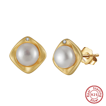 925 Sterling Silver Rhombus Stud Earrings, with Natural Pearl, with S925 Stamp, Real 14K Gold Plated, 10x10mm