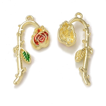 Rack Plating Alloy Enamel Pendants, Rose Flower Charm, Golden, Red, 38.5x19x5mm, Hole: 1.8mm