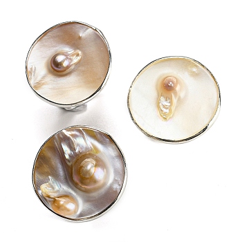 Freshwater Shell with Pearl Adjustable Finger Rings for Girl Women, Platinum Brass Rings, Round, 4mm, Inner Diameter: 18mm, Round: 26mm diameter.