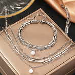 3-Layer 304 Stainless Steel Oval Link Chain Necklaces & Bracelets Sets, with Plastic Pearl Round Charm, Stainless Steel Color, 400mm(FS-WGE493C-02)