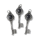 Key Brass Natural Black Agate Big Pendants, with Jump Ring, Antique Silver, 55.5x16.5x5~6.5mm, Hole: 4.5mm(KK-D361-01AS-15)