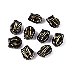 Glass Beads, Tulip, Golden Metal Enlaced, Black, 8.5~9x7~7.5x5mm, Hole: 0.9~1mm(GLAA-T021-76M-05)
