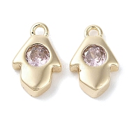 Brass Micro Pave Cubic Zirconia Charms, Real 18K Gold Plated, Hamsa Hand, Pearl Pink, 9x5.5x2mm, Hole: 1mm(KK-G491-27G-03)