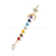 7 Chakra Gemstone Beaded Pendant Decorations, Glass Bullet Shape Suncatchers, with 201 Stainless Steel Moon, Brass Sun, Golden, 210mm(HJEW-JM00797-01)