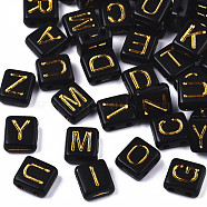 Opaque Acrylic Multi-Strand Links, Rectangle with Letter, Mixed Letters, Black, Golden Plated, 8x8x4mm, Hole: 1.6mm, about 1950pcs/500g(PACR-N006-008)