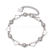 Alloy Heart Link Bracelet with Clear Cubic Zirconia, Platinum, 7-5/8 inch(19.5cm)(BJEW-JB10169)
