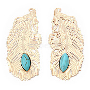 Brass Big Pendants, with Synthetic Turquoise, Feather Charm, Light Gold, 60x27x4.5~5.5mm, Hole: 1.6~1.8mm(KK-TAC0017-02LG)
