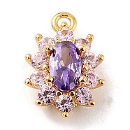 Eco-Friendly Brass Micro Pave Cubic Zirconia Charms, Cadmium Free & Lead Free, Real 18K Gold Plated, Flower, Purple, 11.5x7.5x4mm, Hole: 1mm(ZIRC-C027-12G-04-RS)