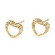 Rack Plating Brass Hollow Heart Stud Earrings, with Cubic Zirconia, Lead Free & Cadmium Free, Real 18K Gold Plated, 9x10.5mm(EJEW-M235-03G)