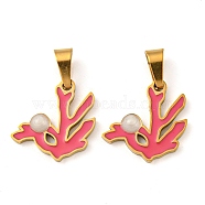 316 Surgical Stainless Steel Charms, with Enamel, Coral Shape Charm, Golden, Hot Pink, 14x14x2mm, Hole: 5x3mm(STAS-G325-27G)
