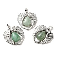 Natural Green Aventurine Teardrop Pendants, Wing Charms, with Rack Plating Platinum Plated Brass Findings, Lead Free & Cadmium Free, 36x34x8~8.5mm, Hole: 8x5mm(KK-K331-02P-04)
