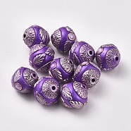 Handmade Indonesia Beads, with Metal Findings, Antique Silver & Light Gold Plated, Round, Purple, 14~15x14~15mm, Hole: 1.5~2mm(IPDL-P003-06D)