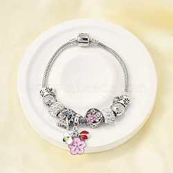 Alloy Enamel European Beads Charm Bracelets, Snake Chain Bracelets for Women, Flower & Bee & Sky Wheel,with Polymer Clay Rhinestone and Silicone Beads, Lead Free & Cadmium Free, Antique Silver & Platinum, 7-3/8 inch(18.8cm)(BJEW-F495-16P)