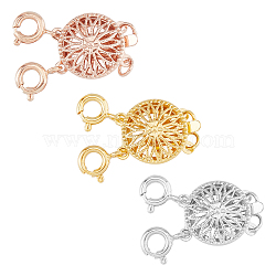 3Pcs 3 Colors Brass Box Clasps, 2-strand, 4-hole, with Spring Ring Clasps, Flat Round, Mixed Color, 25x12x5.5mm, Hole: 2.3mm, 1pc/color(KK-DC0003-80)