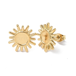 Ion Plating(IP) 304 Stainless Steel Stud Earring Findings, Sun with Round Tray Earring Settings, with Ear Nuts, Real 18K Gold Plated, Tray: 6mm, 14.5mm, Pin: 0.7mm(STAS-F286-04G)
